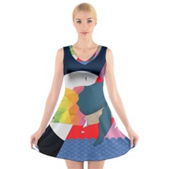 Whale Moon Ocean Digital Art V-neck Sleeveless Dress