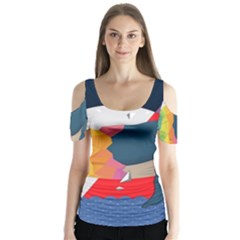 Whale Moon Ocean Digital Art Butterfly Sleeve Cutout Tee 