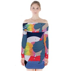 Whale Moon Ocean Digital Art Long Sleeve Off Shoulder Dress