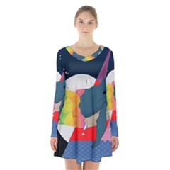 Whale Moon Ocean Digital Art Long Sleeve Velvet V-neck Dress