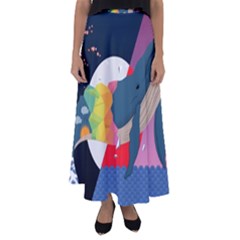 Whale Moon Ocean Digital Art Flared Maxi Skirt by Jancukart