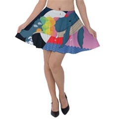 Whale Moon Ocean Digital Art Velvet Skater Skirt