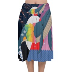 Whale Moon Ocean Digital Art Velvet Flared Midi Skirt