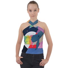 Whale Moon Ocean Digital Art Cross Neck Velour Top