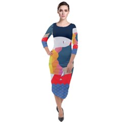 Whale Moon Ocean Digital Art Quarter Sleeve Midi Velour Bodycon Dress