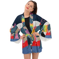 Whale Moon Ocean Digital Art Long Sleeve Kimono by Jancukart