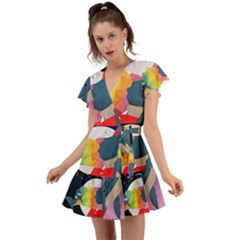 Whale Moon Ocean Digital Art Flutter Sleeve Wrap Dress