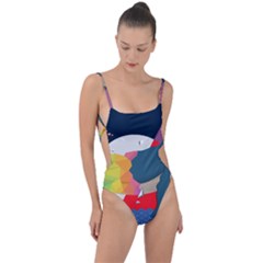 Whale Moon Ocean Digital Art Tie Strap One Piece Swimsuit