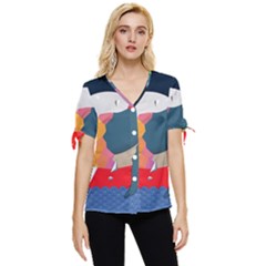 Whale Moon Ocean Digital Art Bow Sleeve Button Up Top