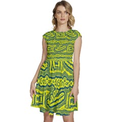 Abstract Background Graphic Cap Sleeve High Waist Dress