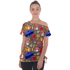 Autumn Seamless Background Leaves Off Shoulder Tie-up Tee