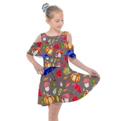 Autumn Seamless Background Leaves Kids  Shoulder Cutout Chiffon Dress