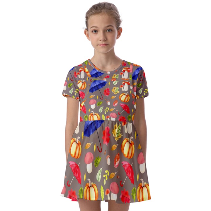 Autumn Seamless Background Leaves Kids  Short Sleeve Pinafore Style Dress