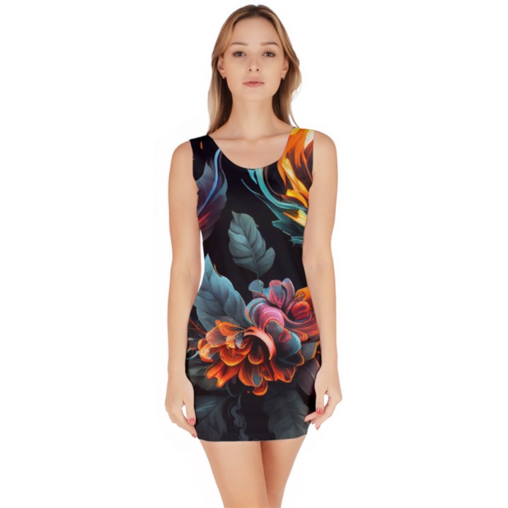 Flowers Flame Abstract Floral Bodycon Dress