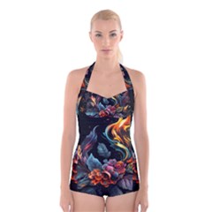 Flowers Flame Abstract Floral Boyleg Halter Swimsuit 