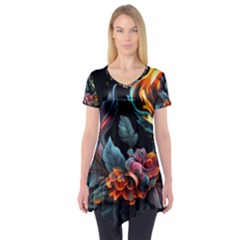 Flowers Flame Abstract Floral Short Sleeve Tunic 