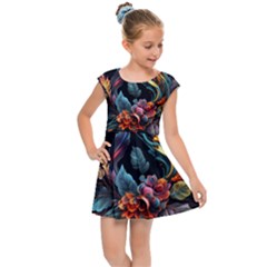 Flowers Flame Abstract Floral Kids  Cap Sleeve Dress by Jancukart