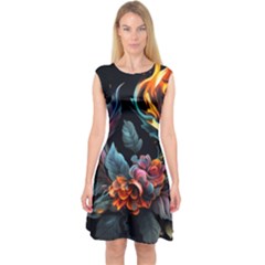 Flowers Flame Abstract Floral Capsleeve Midi Dress by Jancukart