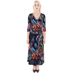 Flowers Flame Abstract Floral Quarter Sleeve Wrap Maxi Dress