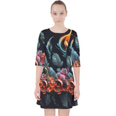 Flowers Flame Abstract Floral Quarter Sleeve Pocket Dress