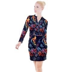 Flowers Flame Abstract Floral Button Long Sleeve Dress