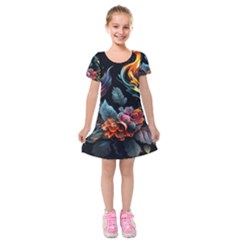 Flowers Flame Abstract Floral Kids  Short Sleeve Velvet Dress by Jancukart