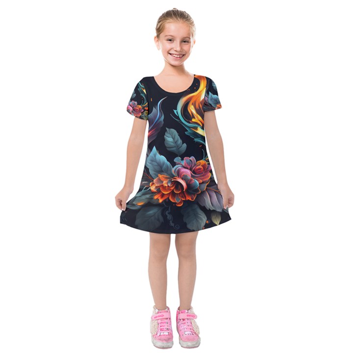 Flowers Flame Abstract Floral Kids  Short Sleeve Velvet Dress