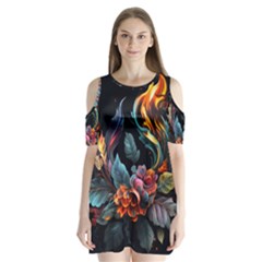 Flowers Flame Abstract Floral Shoulder Cutout Velvet One Piece by Jancukart