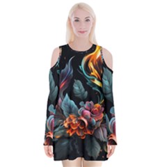 Flowers Flame Abstract Floral Velvet Long Sleeve Shoulder Cutout Dress