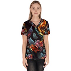 Flowers Flame Abstract Floral Women s V-neck Scrub Top