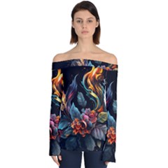 Flowers Flame Abstract Floral Off Shoulder Long Sleeve Top