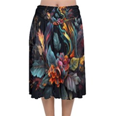 Flowers Flame Abstract Floral Velvet Flared Midi Skirt