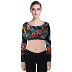 Flowers Flame Abstract Floral Velvet Long Sleeve Crop Top