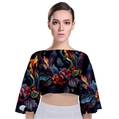 Flowers Flame Abstract Floral Tie Back Butterfly Sleeve Chiffon Top by Jancukart