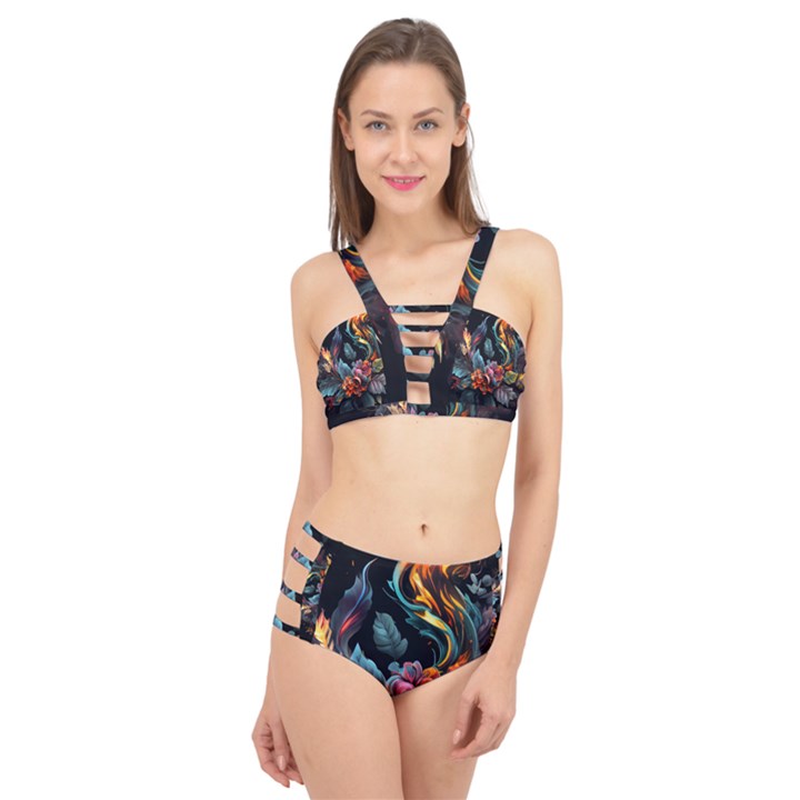 Flowers Flame Abstract Floral Cage Up Bikini Set