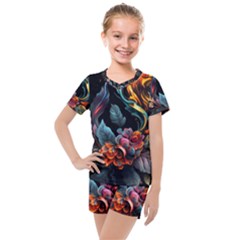 Flowers Flame Abstract Floral Kids  Mesh Tee And Shorts Set