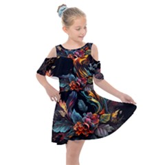 Flowers Flame Abstract Floral Kids  Shoulder Cutout Chiffon Dress