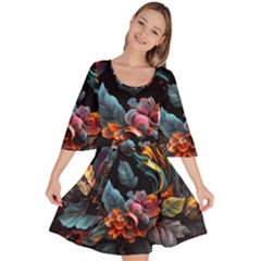 Flowers Flame Abstract Floral Velour Kimono Dress