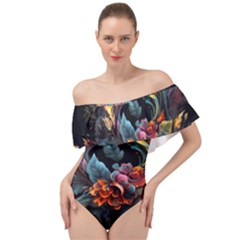 Flowers Flame Abstract Floral Off Shoulder Velour Bodysuit 