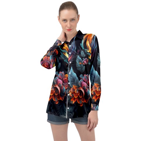 Flowers Flame Abstract Floral Long Sleeve Satin Shirt by Jancukart