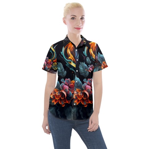 Flowers Flame Abstract Floral Women s Short Sleeve Pocket Shirt by Jancukart