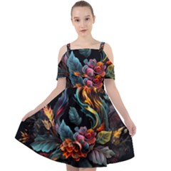 Flowers Flame Abstract Floral Cut Out Shoulders Chiffon Dress