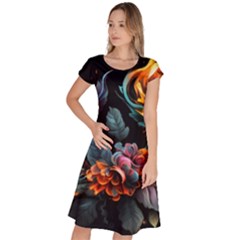 Flowers Flame Abstract Floral Classic Short Sleeve Dress