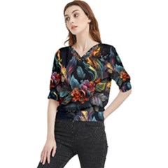 Flowers Flame Abstract Floral Quarter Sleeve Blouse