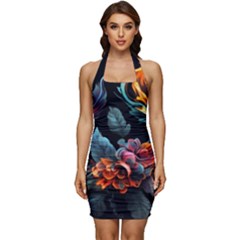 Flowers Flame Abstract Floral Sleeveless Wide Square Neckline Ruched Bodycon Dress by Jancukart