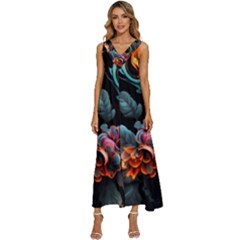 Flowers Flame Abstract Floral V-neck Sleeveless Loose Fit Overalls