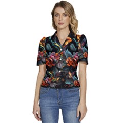 Flowers Flame Abstract Floral Puffed Short Sleeve Button Up Jacket