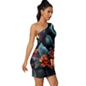 Flowers Flame Abstract Floral Long Sleeve One Shoulder Mini Dress View3