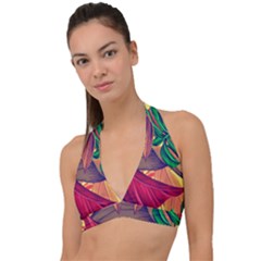 Monstera Tropical Design Beach Halter Plunge Bikini Top