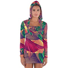 Monstera Tropical Design Beach Long Sleeve Hooded T-shirt